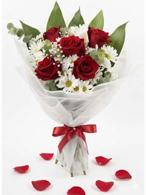Akland Canlı Kırmızı Güllü & Papatyalı Zarif Buket