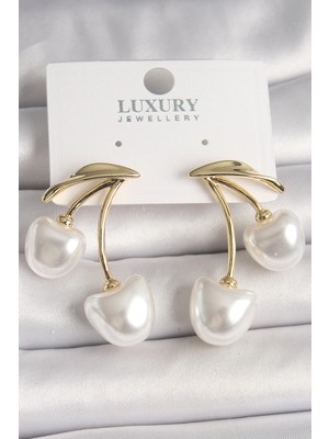 Pirinç Gold Renk Beyaz Inci Kiraz Model Kadın Küpe - Lisinya