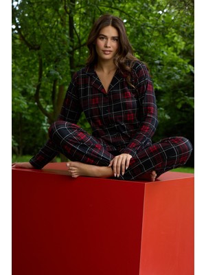 Pijamoni Ekose Baskılı Süet Önü Düğmeli Uzun Kollu Kadın Pijama Takımı