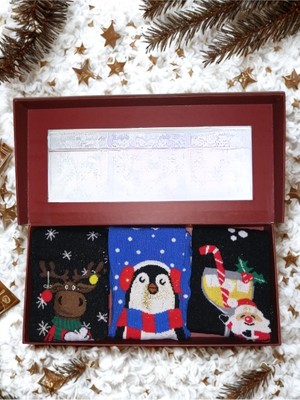Chiristmas Socks Simli Yılbaşı Desenli Unisex Yetişkin Çorap 3'lü Hediye Seti