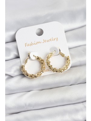 Marsilyan Pirinç Gold Renk Küçük Tırtıklı Halka Model Kadın Küpe