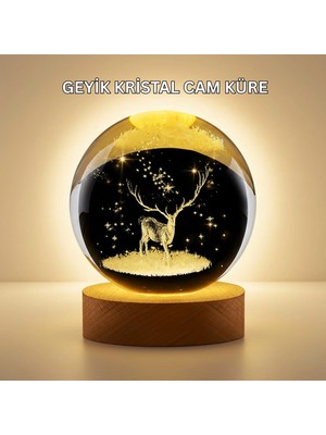 Marsilyan 3d Lazer İşlemeli Geyik Kristal Küre Sıcak Işıklı Gece Aydınlatması
