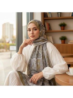 Revam Collection Retro Desen Pamuk Şal Yağ Yeşili