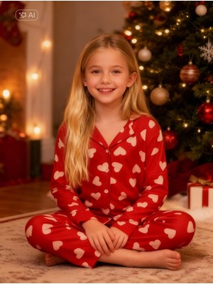 NiCe İç Giyim Kırmızı Kalpli  Süet  Kız Çocuk Pijama Takımı
