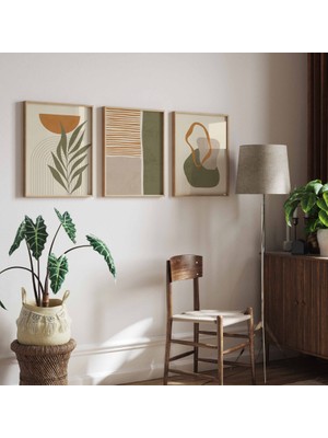 Pam Studio Yeşil Turuncu Bej Tonlarında Soyut 3’lü Tablo Seti – Modern Doğal Duvar Dekoru –