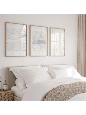 Pam Studio Bej Mavi Minimal Çizgili 3’lü Tablo Seti – Modern Soyut Duvar Dekoru