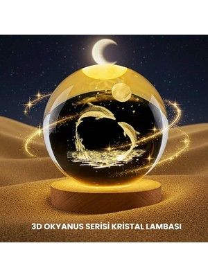 Marsilyan Yunus Temalı Kristal Küre Usb Işıklı Ahşap Altlıklı Gece Lambası