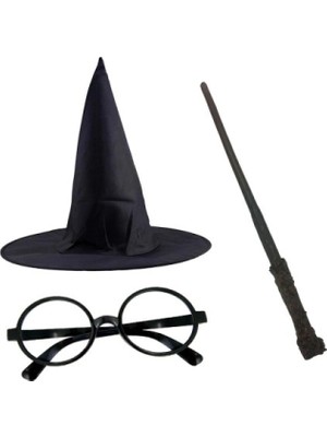 Marsilyan Harry Potter Siyah Şapkası Harry Potter Gözlüğü Harry Potter Asası 3 Lü Set