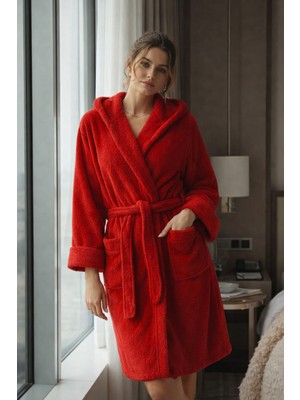 Türkühome Kapüşonlu Kadın Wellsoft Bornoz - Sabahlık