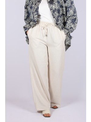 Tuğba Sarı Keten Görünümlü Rahat Kesim Palazzo Pantolon