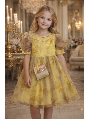 Diamondstar Kız Çocuk Çiçek Desenli Çantalı Bayramlık Prenses Düğün Parti Doğum Günü Elbisesi 5/8 Yaş
