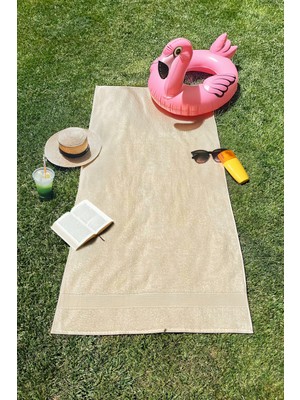 Ellaline Krem Plaj Havlusu %100 Pamuk Sertifikalı Deniz & Havuz Havlu 70X140CM Çizgili Bordürlü