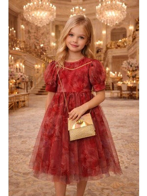 Diamondstar Kız Çocuk Çiçek Desenli Çantalı Bayramlık Prenses Düğün Parti Doğum Günü Elbisesi 5/8 Yaş