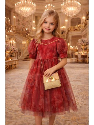 Diamondstar Kız Çocuk Çiçek Desenli Çantalı Bayramlık Prenses Düğün Parti Doğum Günü Elbisesi 5/8 Yaş