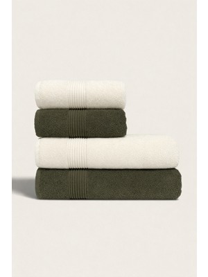 Ellaline 4'lü Banyo Havlusu Seti %100 Pamuk Sertifikalı Vücut ve Baş | Çeyizlik 50X90 - 70X140 Krem - Yeşil