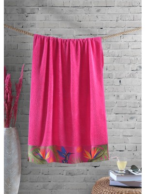Ellaline Pembe Plaj Havlusu %100 Pamuk Sertifikalı Tropik Desenli Havuz Havlusu Üstün Emici 75X150CM