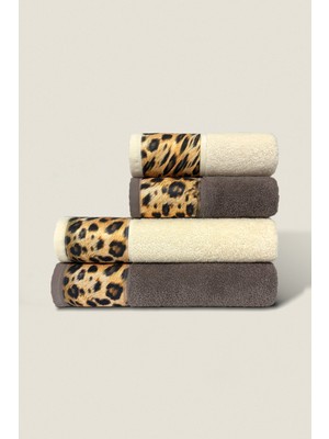 Ellaline Leopar Banyo Havlusu Seti %100 Pamuk Sertifikalı, 4 Parça, 50X90 - 70X140CM Desenli Havlu Krem Kahve