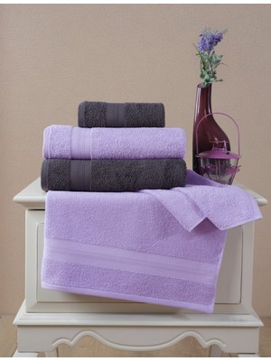 Ellaline 4'lü Banyo Havlusu Seti %100 Pamuk Sertifikalı, Elmas Desen Bordür 50X80-70X130CM Antrasit Lila