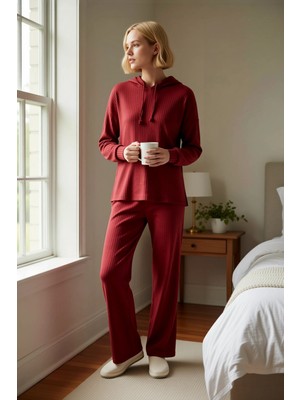 Benerly Kadın Kapüşonlu Düşük Kol Relaxed Kalıp Örme Pijama Takımı Uzun Paça Boru Paça Fonksiyonel