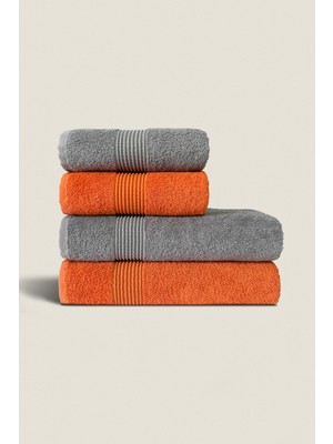 Ellaline 4'lü Banyo Havlusu Seti %100 Pamuk Sertifikalı Vücut ve Baş | Çeyizlik 50X90 - 70X140 Turuncu - Gri