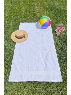 Ellaline Beyaz Plaj Havlusu %100 Pamuk Sertifikalı Deniz & Havuz Havlu 70X130CM Elmas Desen Bordürlü