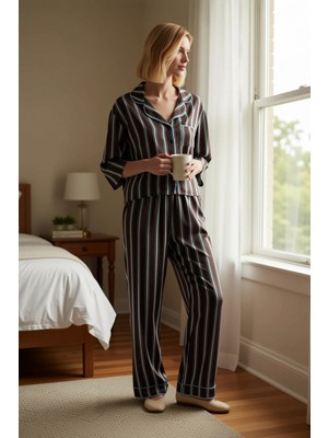 Benerly Kadın Gömlek Yaka Truvakar Kol Regular Kalıp Dokuma Pijama Takımı Fonksiyonel Şık