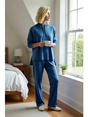 Benerly Kadın Kapüşonlu Düşük Kol Relaxed Kalıp Örme Pijama Takımı Uzun Paça Boru Paça Fonksiyonel