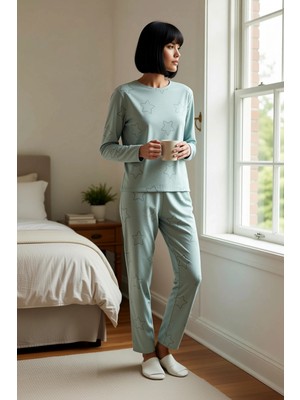 Benerly Kadın Bisiklet Yaka Uzun Kol Regular Kalıp Yıldız Desenli Örme Pijama Takımı Şık %100 Pamuk
