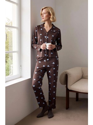 Benerly Kadın Gömlek Yaka Standart Kol Fitted Kalp Desenli Pijama Takımı Fonksiyonel Şık %100 Pamuk