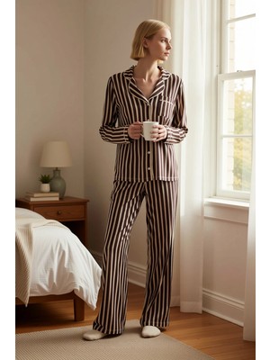 Benerly Kadın Gömlek Yaka Standart Kol Regular Kalıp Çizgili Pijama Takımı Fonksiyonel Şık %100 Pamuk