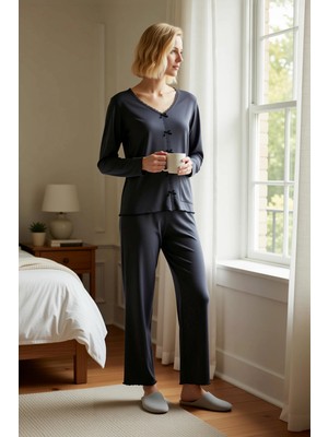 Benerly Kadın V Yaka Standart Kol Uzun Kol Regular Kalıp Örme Kaşkorse Pijama Takımı Fonksiyonel Şık