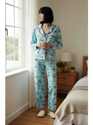 Benerly Kadın Gömlek Yaka Uzun Kol Fitted Kışlık Örme Pijama Takımı Fonksiyonel Rahat