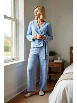 Benerly Kadın Kruvaze Yaka Wellsoft Kışlık Örme Pijama Takımı V Yaka Standart Kol Regular Kalıp