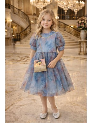 Diamondstar Kız Çocuk Çiçek Desenli Çantalı Bayramlık Prenses Düğün Parti Doğum Günü Elbisesi