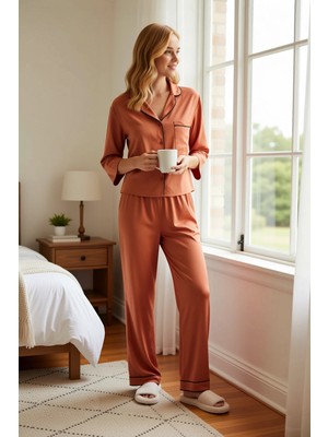 Benerly Kadın Gömlek Yaka Truvakar Kol Regular Kalıp Dokuma Pijama Takımı Fonksiyonel Şık