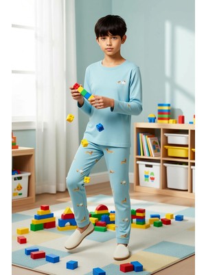 Benerly Erkek Çocuk Animal Baskılı Bisiklet Yaka Standart Kol Regular Örme Pijama Takımı Spor %100 Pamuk