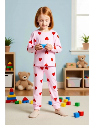 Benerly Kız Çocuk Bisiklet Yaka Standart Kol Kalp Baskılı Regular Kız Çocuk Örme Pijama Takımı %100 Pamuk