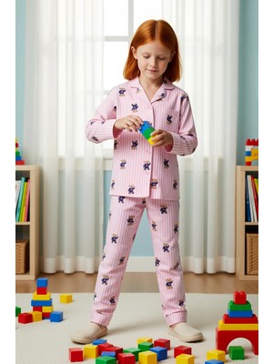 Benerly Kız Çocuk Gömlek Yaka Standart Kol Regular Kalıp Örme Çizgili Pijama Takımı