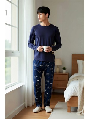 Benerly Erkek Bisiklet Yaka Standart Kol Regular Fit Baskılı Örme Pijama Takımı Estetik %100 Pamuk
