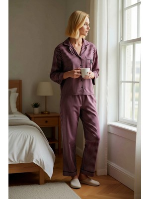 Benerly Kadın Gömlek Yaka Uzun Kol Regular Kalıp Poplin Dokuma Çizgili Pijama Takımı Fonksiyonel Şık