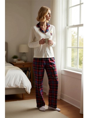 Benerly Kadın Ekose Kedi Baskılı Gömlek Yaka Uzun Kol Regular Kalıp Pijama Takımı Şık