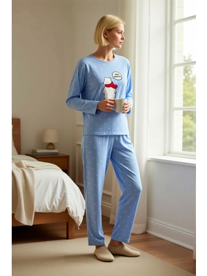 Benerly Kadın Bisiklet Yaka Standart Kol Regular Kalıp Polar Örme Puantiye Desenli Pijama Takımı Şık