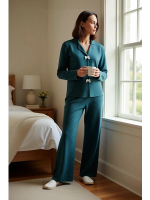 Benerly Kadın Gömlek Yaka Standart Kol Regular Kalıp Waffle Kumaş Örme Pijama Takımı Fonksiyonel Şık