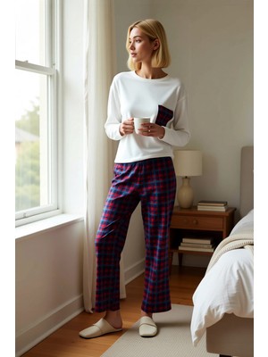 Benerly Kadın Bisiklet Yaka Uzun Kol Ekose Desenli Pijama Takımı Fonksiyonel Kaliteli