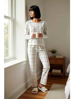 Benerly Kadın Bisiklet Yaka Uzun Kol Ekose Desenli Regular Kalıp Pijama Takımı Modern