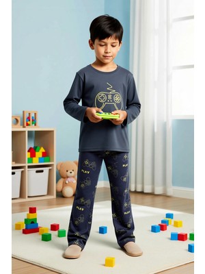 Benerly Erkek Çocuk Bisiklet Yaka Standart Kol Uzun Kollu Regular Kalıp Pijama Takımı Estetik %100 Pamuk