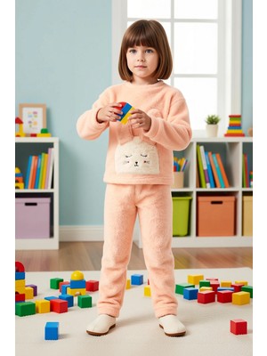 Benerly Kız Çocuk Bisiklet Yaka Standart Kol Uzun Kol Regular Kalıp Peluş Örme Pijama Takımı Dayanıklı