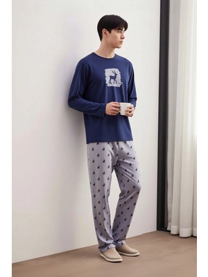 Benerly Erkek Bisiklet Yaka Uzun Kol Regular Fit Geyik Baskılı Pijama Takımı Fonksiyonel %100 Pamuk