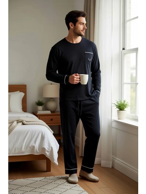 Benerly Erkek Büyük Beden Bisiklet Yaka Uzun Kol Nakışlı Örme Pijama Takımı Fonksiyonel %100 Pamuk