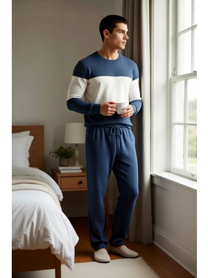 Benerly Erkek Bisiklet Yaka Düşük Kol Uzun Kollu Regular Kalıp Dokulu Örme Pijama Takımı Dayanıklı